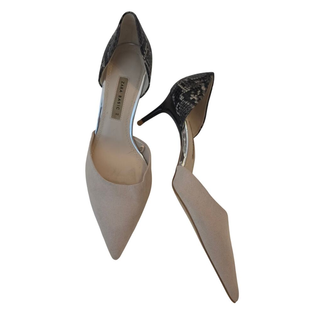 Zara Basic Heels Women’s 40 Snakeskin Pointed Toe D’Orsay Pumps Nude Black